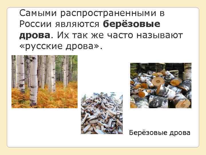 Самыми распространенными в России являются берёзовые дрова. Их так же часто называют «русские дрова»
