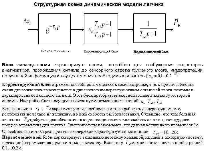 Структурная схема динамической модели летчика Блок запаздывания Корректирующий блок Нервномышечный блок Блок запаздывания характеризует
