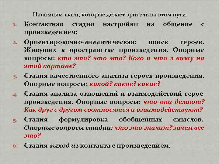 Напомним шаги, которые делает зритель на этом пути: 1. 2. 3. 4. 5. 6.