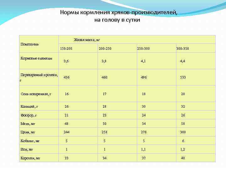 Нормы кормления хряков-производителей, на голову в сутки Живая масса, кг Показатель 150 -200 200