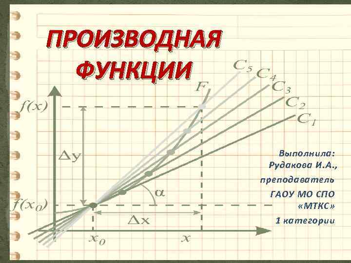 ПРОИЗВОДНАЯ ФУНКЦИИ Выполнила: Рудакова И. А. , преподаватель ГАОУ МО СПО «МТКС» 1 категории