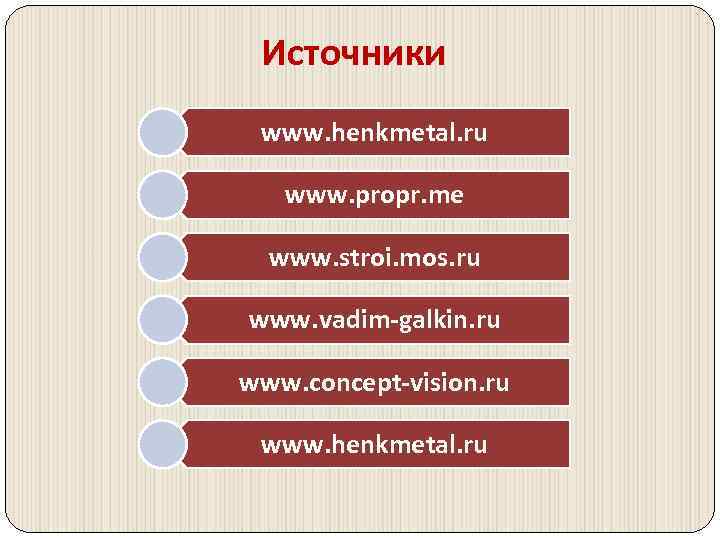 Источники www. henkmetal. ru www. propr. me www. stroi. mos. ru www. vadim-galkin. ru