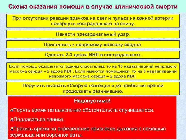 Схема оказания помощи в случае клинической смерти При отсутствии реакции зрачков на свет и
