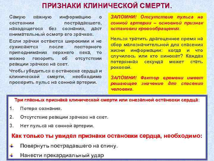 ПРИЗНАКИ КЛИНИЧЕСКОЙ СМЕРТИ. Самую важную информацию о состоянии пострадавшего, находящегося без сознания, даст внимательный