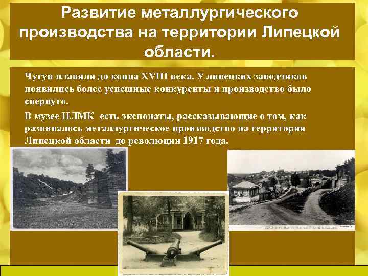 Развитие металлургического производства на территории Липецкой области. Чугун плавили до конца XVIII века. У