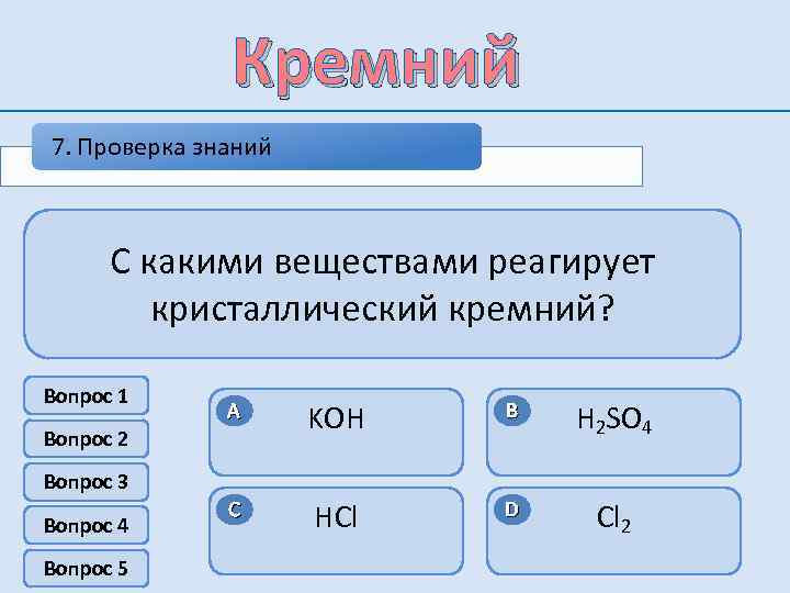 Кремний 7. Проверка знаний В атомах каких химических элементов К какой группе оксидов относится