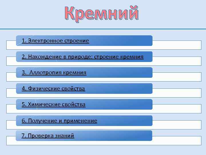 Кремний 1. Электронное строение 2. Нахождение в природе; строение кремния 3. Аллотропия кремния 4.