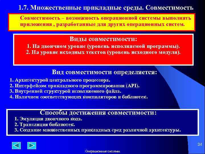 1. 7. Множественные прикладные среды. Совместимость – возможность операционной системы выполнять приложения , разработанные