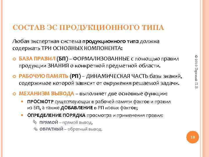 СОСТАВ ЭС ПРОДУКЦИОННОГО ТИПА Любая экспертная система продукционного типа должна содержать ТРИ ОСНОВНЫХ КОМПОНЕНТА: