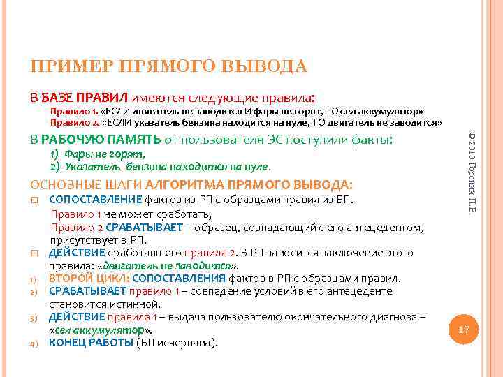 ПРИМЕР ПРЯМОГО ВЫВОДА В БАЗЕ ПРАВИЛ имеются следующие правила: Правило 1. «ЕСЛИ двигатель не
