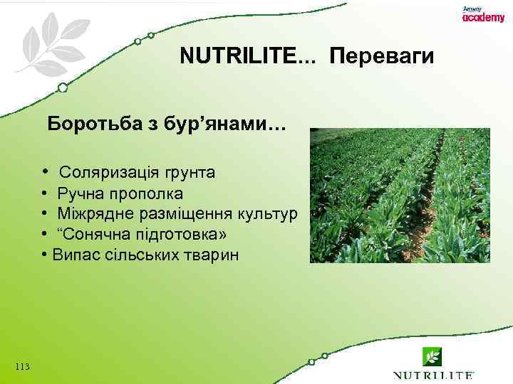 NUTRILITE. . . Переваги Боротьба з бур’янами… • Соляризація грунта • Ручна прополка •