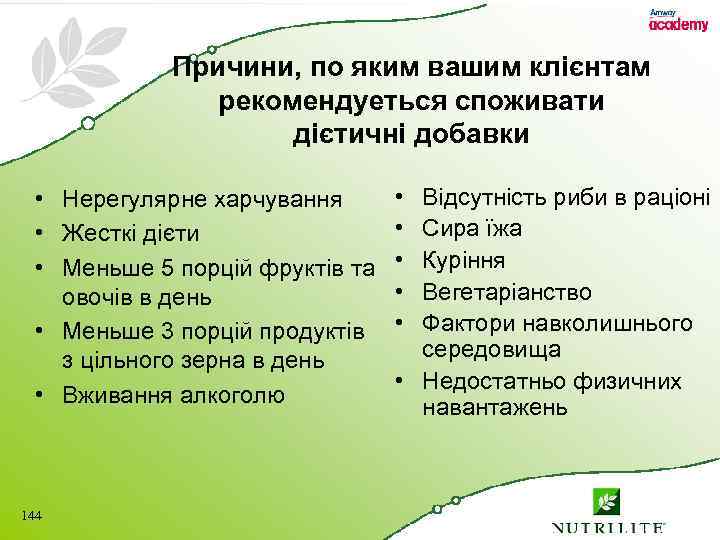 Причини, по яким вашим клієнтам рекомендуеться споживати дієтичні добавки • Нерегулярне харчування • Жесткі