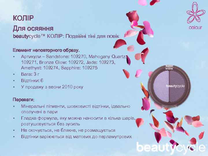 КОЛІР Для осяяння beautycycle™ КОЛІР: Подвійні тіні для повік Елемент неповторного образу. • Артикули