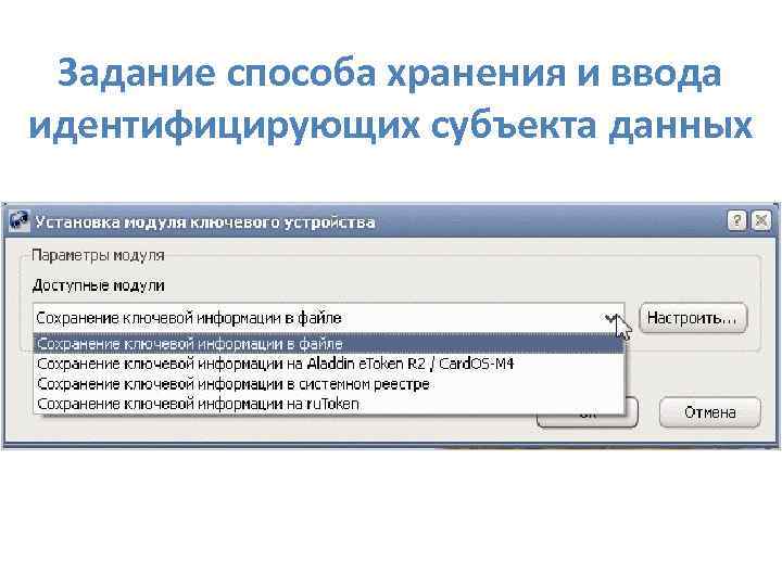 Задание способа хранения и ввода идентифицирующих субъекта данных 