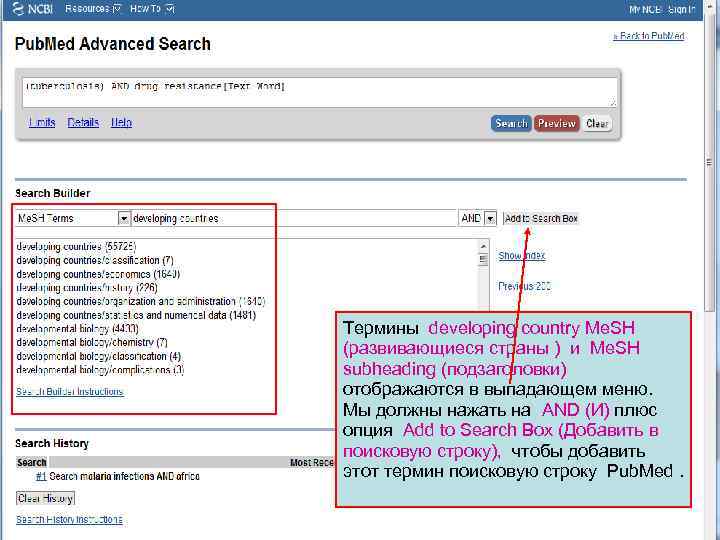 Термины developing country Me. SH (развивающиеся страны ) и Me. SH subheading (подзаголовки) отображаются