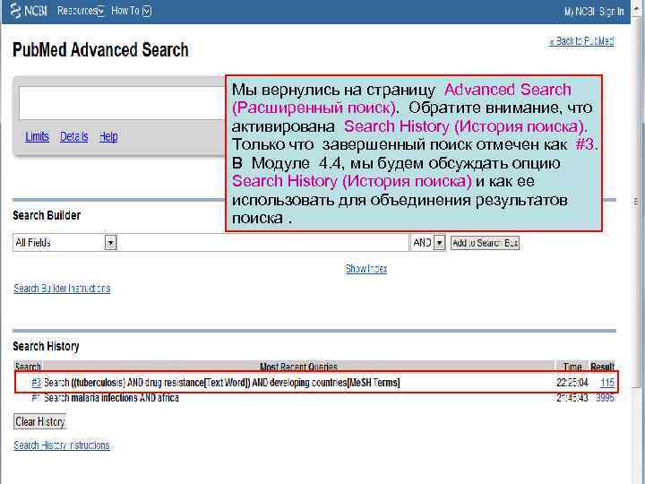 Мы вернулись на страницу Advanced Search (Расширенный поиск). Обратите внимание, что активирована Search History