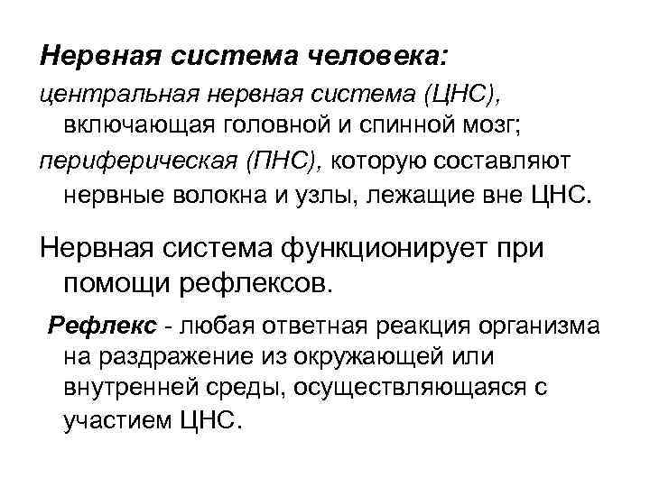 Нервная система человека: центральная нервная система (ЦНС), включающая головной и спинной мозг; периферическая (ПНС),