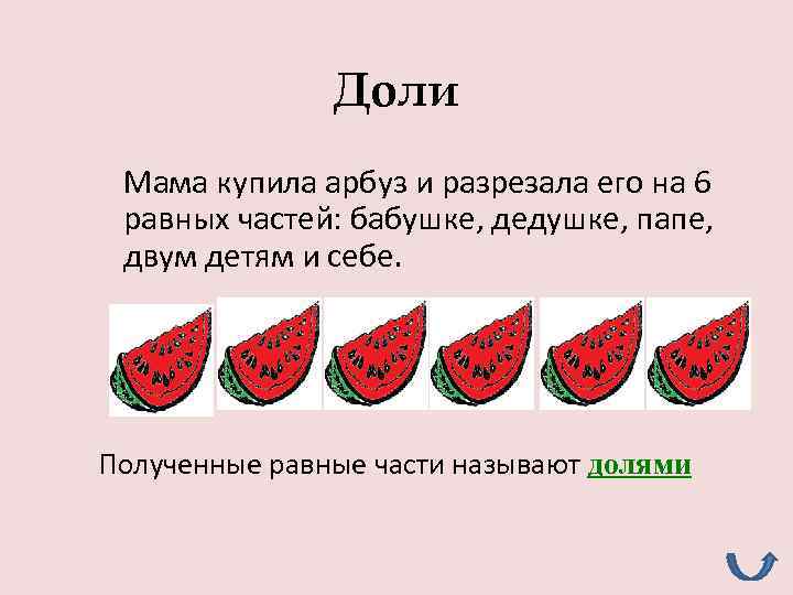 Доли Мама купила арбуз и разрезала его на 6 равных частей: бабушке, дедушке, папе,