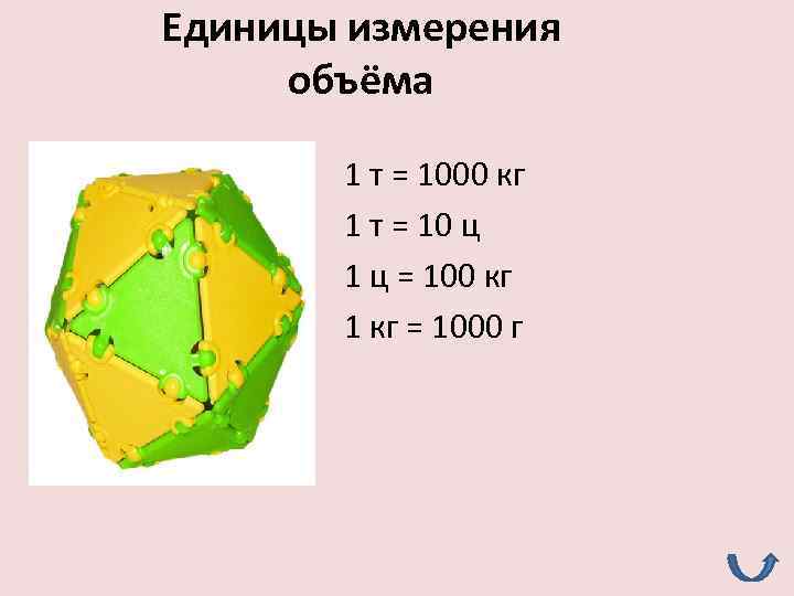 Единицы измерения объёма 1 т = 1000 кг 1 т = 10 ц 1