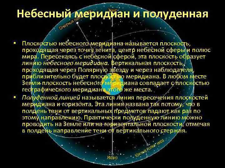 Небесный меридиан и полуденная линия. • Плоскостью небесного меридиана называется плоскость, проходящая через точку