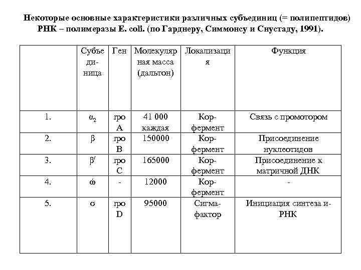 Некоторые основные характеристики различных субъединиц (= полипептидов) РНК – полимеразы E. coli. (по Гарднеру,