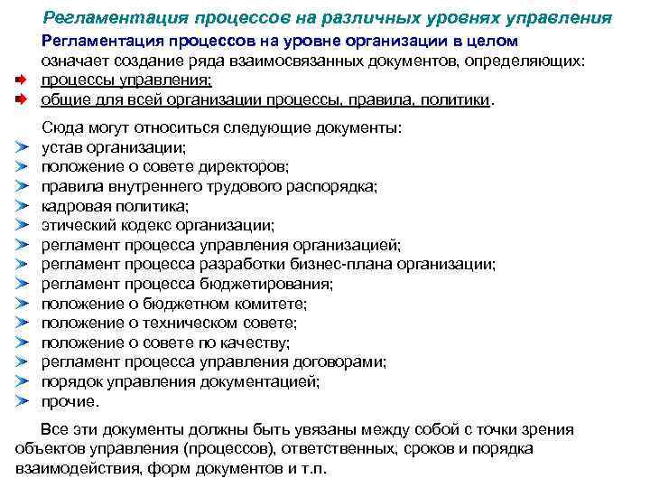 Регламентация процессов на различных уровнях управления Регламентация процессов на уровне организации в целом означает