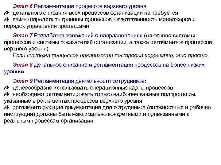 Этап 6 Регламентация процессов верхнего уровня детального описания всех процессов организации не требуется важно