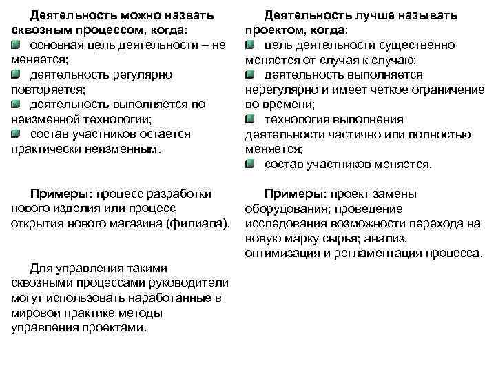 Деятельность можно назвать сквозным процессом, когда: основная цель деятельности – не меняется; деятельность регулярно