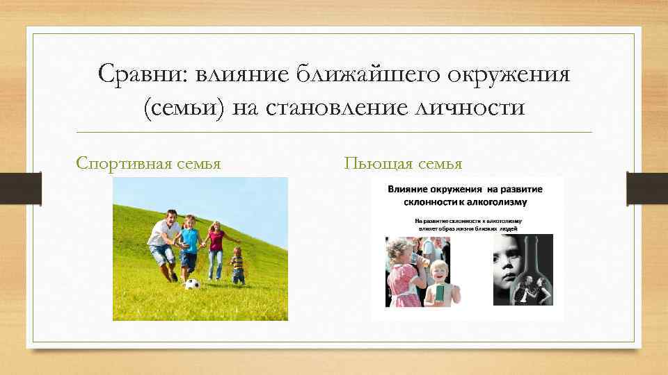 Сравни: влияние ближайшего окружения (семьи) на становление личности Спортивная семья Пьющая семья 