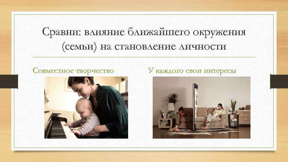 Сравни: влияние ближайшего окружения (семьи) на становление личности Совместное творчество У каждого свои интересы