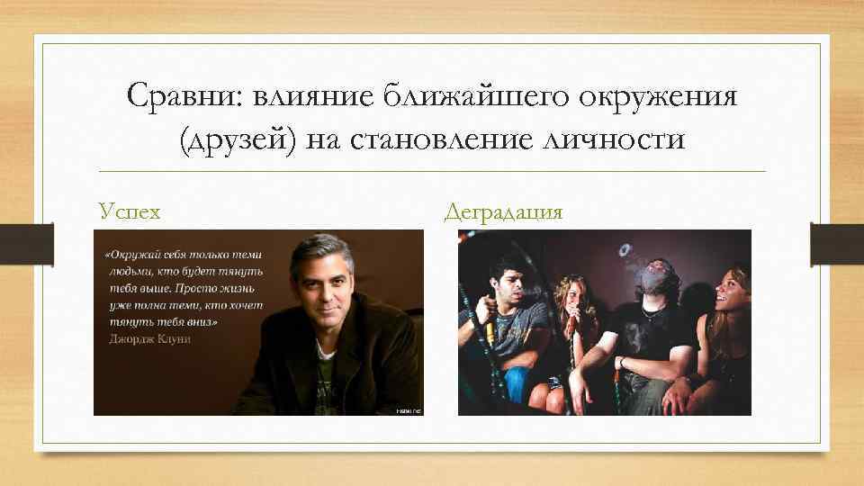 Сравни: влияние ближайшего окружения (друзей) на становление личности Успех Деградация 