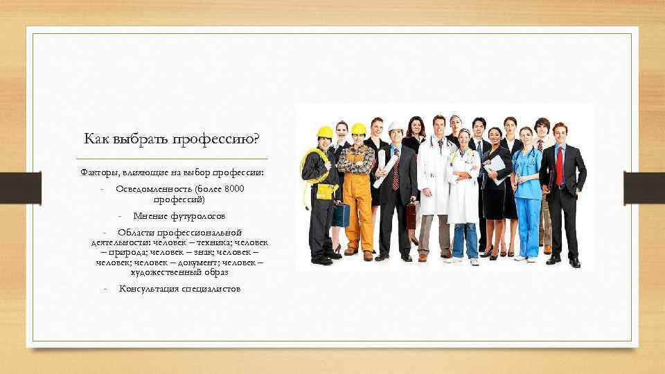Как выбрать профессию? Факторы, влияющие на выбор профессии: - Осведомленность (более 8000 профессий) -