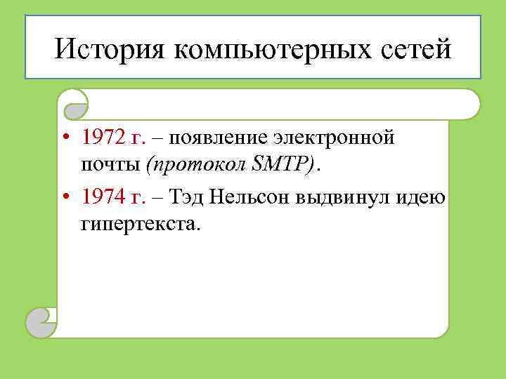История компьютерных сетей • 1972 г. – появление электронной почты (протокол SMTP). • 1974