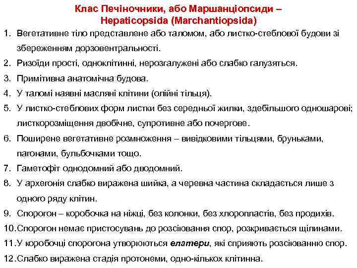 Клас Печіночники, або Маршанціопсиди – Hepaticopsida (Marchantiopsida) 1. Вегетативне тіло представлене або таломом, або