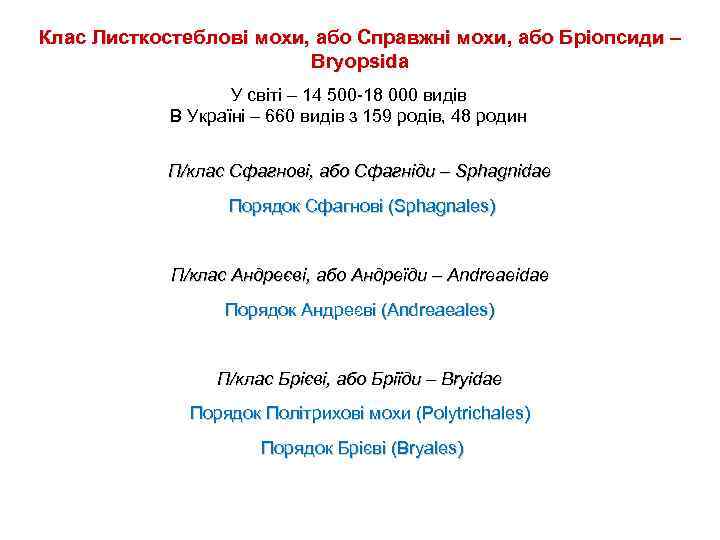 Клас Листкостеблові мохи, або Справжні мохи, або Бріопсиди – Bryopsida У світі – 14