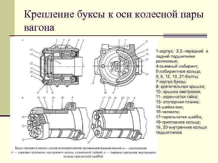 Крепление буксы к оси колесной пары вагона 1 -корпус; 2, 3 -передний и задний