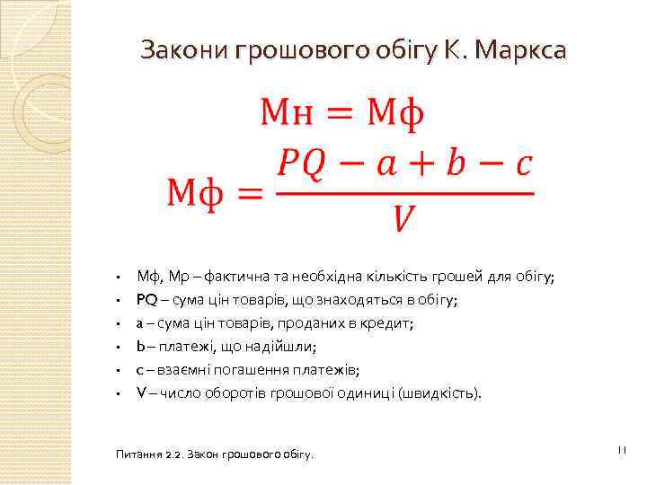 Закони грошового обігу К. Маркса • • • Мф, Мр – фактична та необхідна