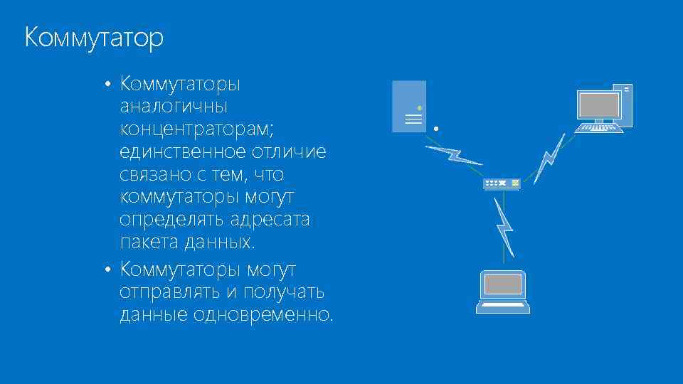 Коммутатор • Коммутаторы аналогичны концентраторам; единственное отличие связано с тем, что коммутаторы могут определять