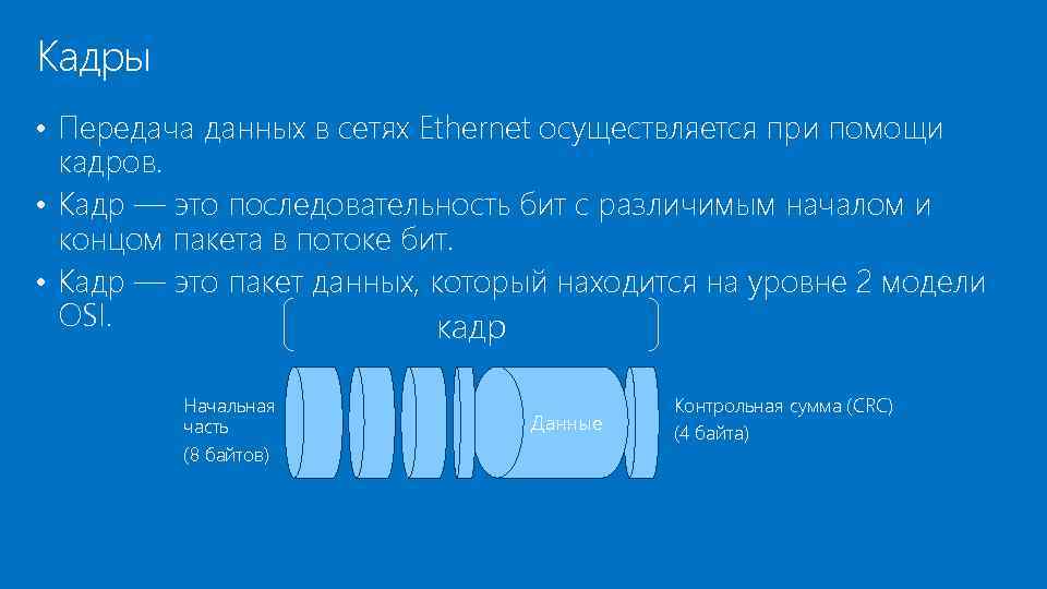 Кадры • Передача данных в сетях Ethernet осуществляется при помощи кадров. • Кадр —