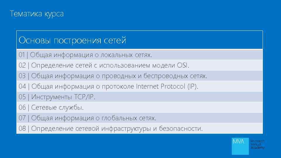 Тематика курса Основы построения сетей 01 | Общая информация о локальных сетях. 02 |