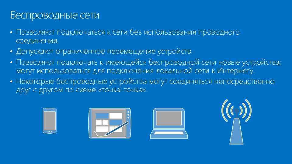 Беспроводные сети • Позволяют подключаться к сети без использования проводного соединения. • Допускают ограниченное