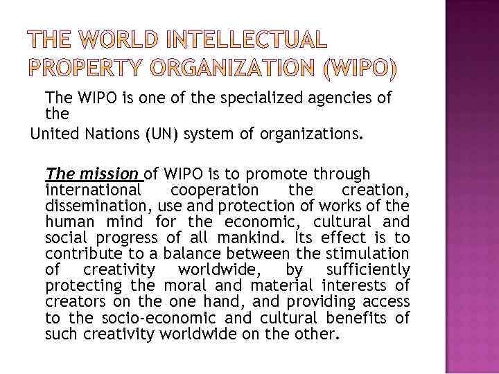 The WIPO is one of the specialized agencies of the United Nations (UN) system