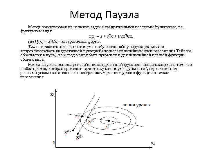 Метод Пауэла Метод ориентирован на решение задач с квадратичными целевыми функциями, т. е. функциями