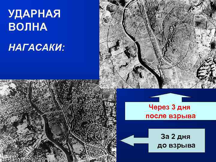 УДАРНАЯ ВОЛНА НАГАСАКИ: Через 3 дня после взрыва За 2 дня до взрыва 