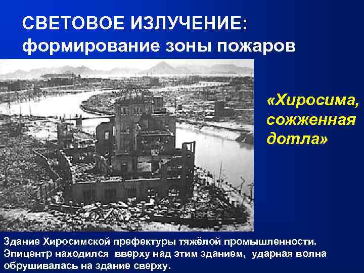СВЕТОВОЕ ИЗЛУЧЕНИЕ: формирование зоны пожаров «Хиросима, сожженная дотла» Здание Хиросимской префектуры тяжёлой промышленности. Эпицентр