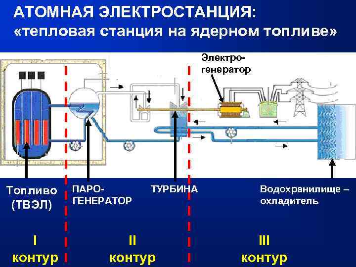 АТОМНАЯ ЭЛЕКТРОСТАНЦИЯ: «тепловая станция на ядерном топливе» Электрогенератор Топливо (ТВЭЛ) I контур ПАРОГЕНЕРАТОР ТУРБИНА