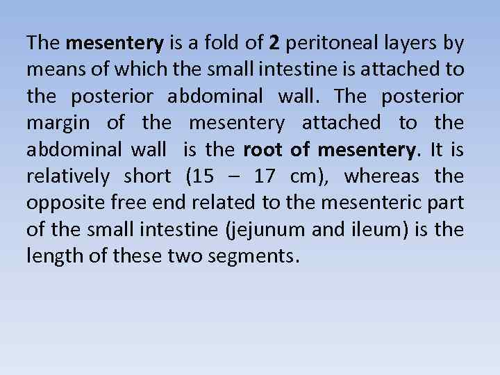 The mesentery is a fold of 2 peritoneal layers by mesentery means of which