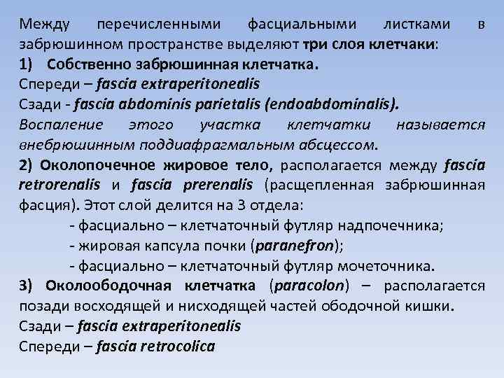 Между перечисленными фасциальными листками в забрюшинном пространстве выделяют три слоя клетчаки: 1) Собственно забрюшинная