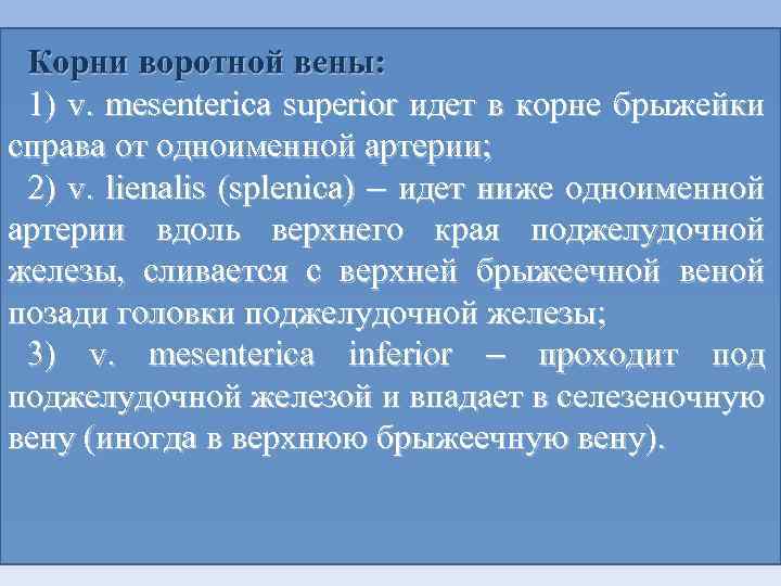 Корни воротной вены: 1) v. mesenterica superior идет в корне брыжейки справа от одноименной