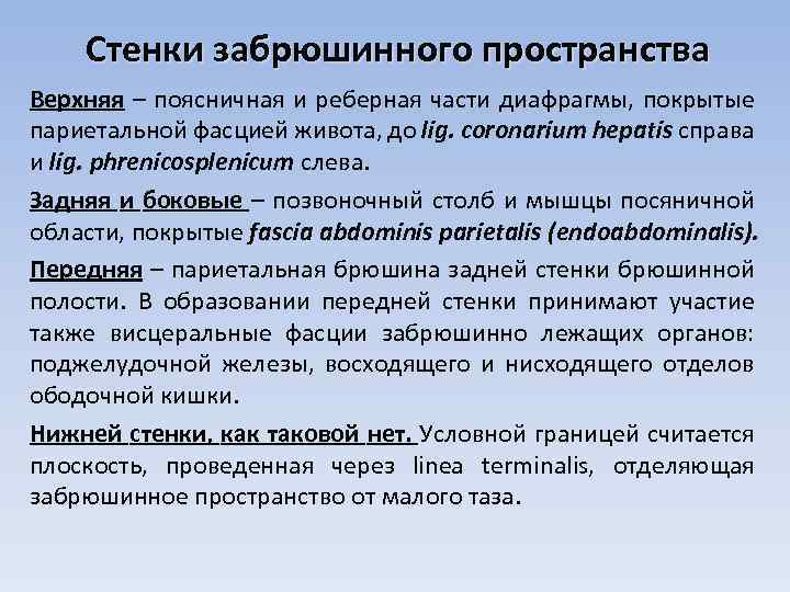 Стенки забрюшинного пространства Верхняя – поясничная и реберная части диафрагмы, покрытые париетальной фасцией живота,